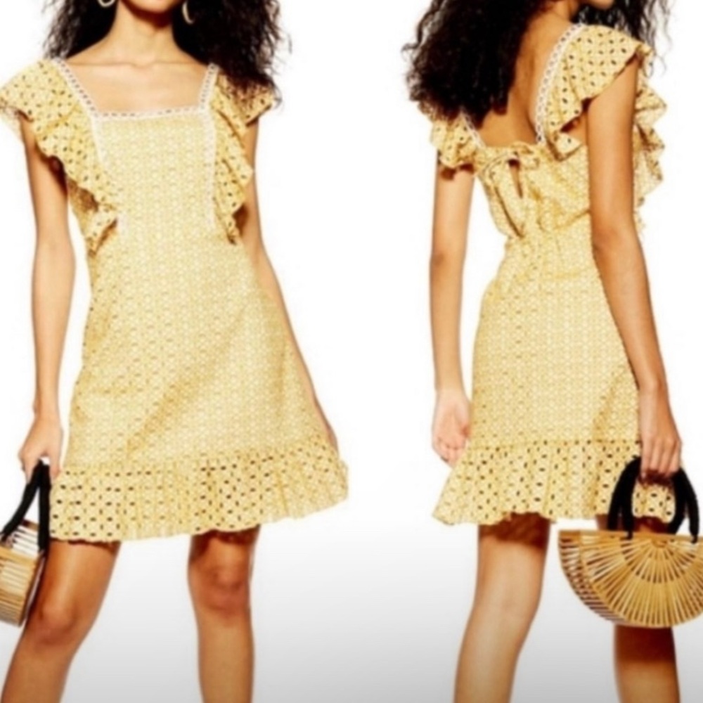 🌼 NWOT Topshop Eyelet Marigold Yellow Ruffled Apron Neckline Dress in size 8 🌼
